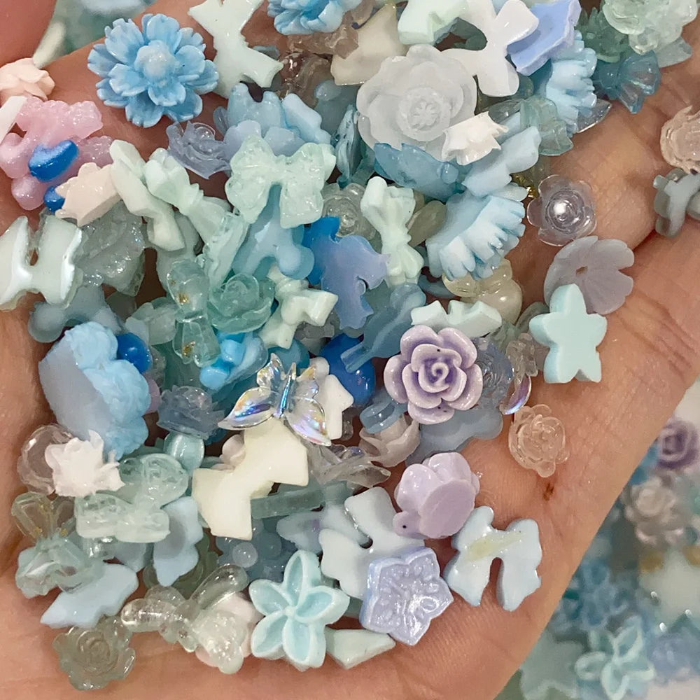 50g Blue Mixed Nail Art Charms – 500–600pcs Resin Bow, Flower & Camellia Decorations for DIY Manicure Accessories