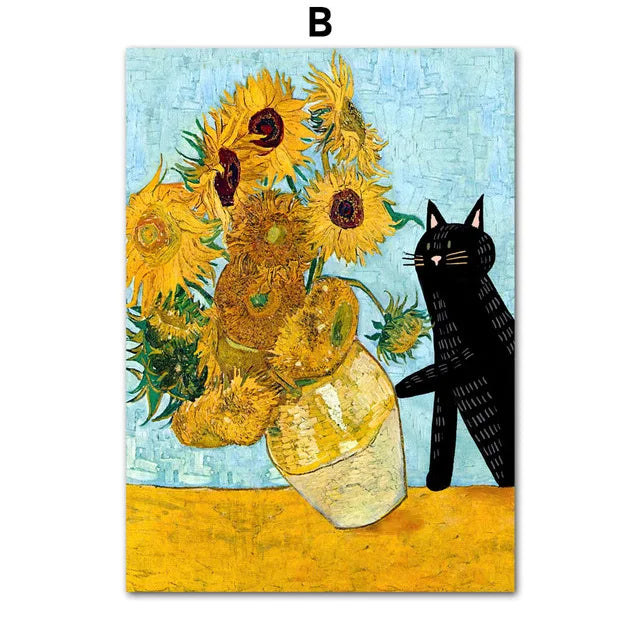 Funny Black Cat Art Prints – Matisse, Monet, Van Gogh Parody Canvas Posters – Whimsical Wall Decor for Living Room or Gallery Wall