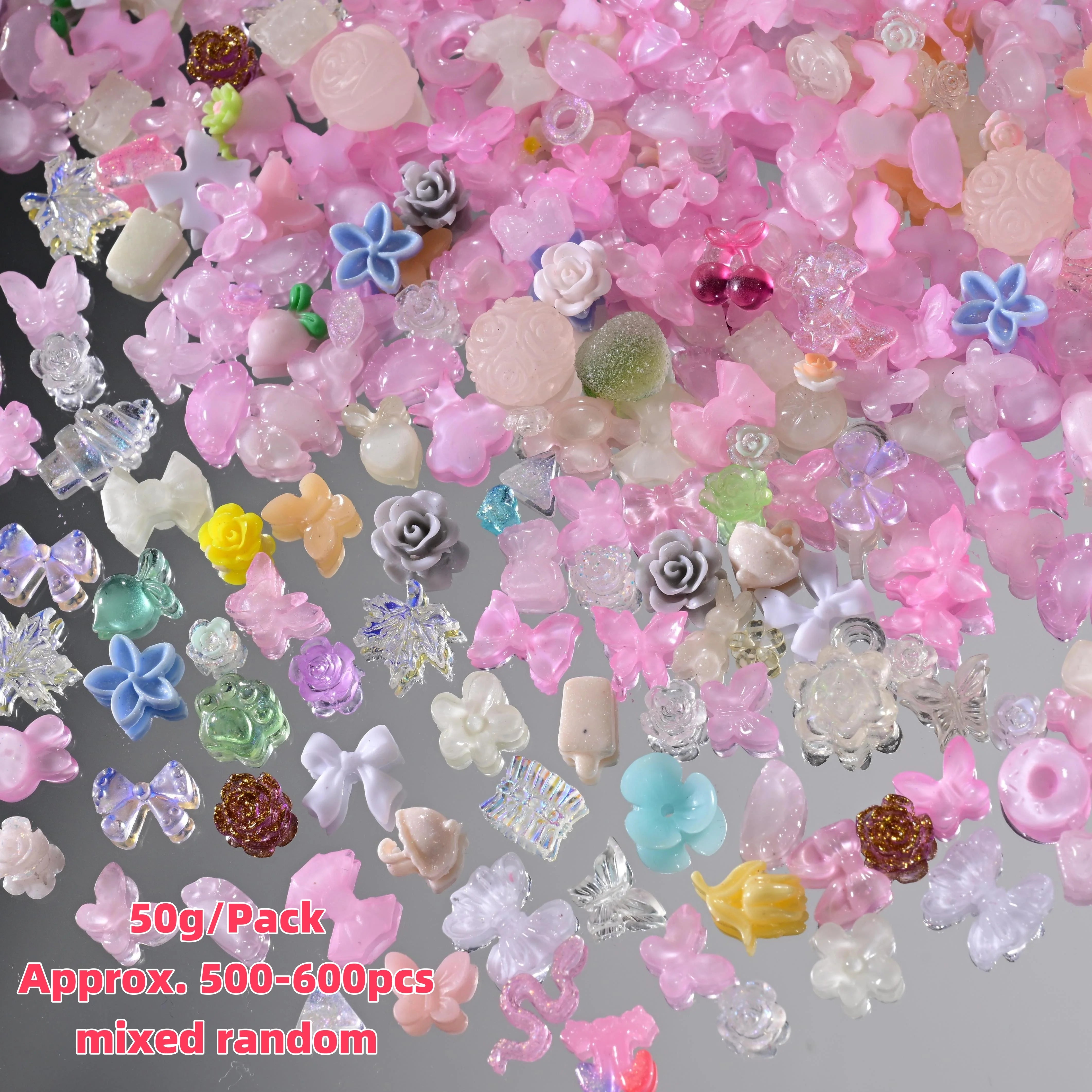 500–600pcs Mixed Resin Nail Art Charms – Y2K Flower, Heart, and Bear Decorations for DIY Manicure Accessories
