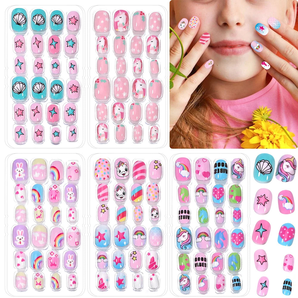 120-Piece Cartoon Princess Press-On Nails for Girls – Kawaii Cat, Flower & Rainbow Nail Tips with Jelly Gel (Ages 6–14)