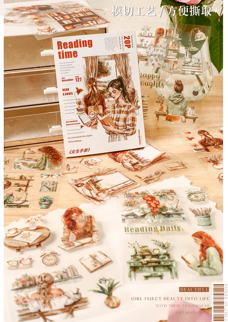 JIANQI 20 Sheets PET Die-Cut Stickers Set – Scrapbooking & Diary Craft Supplies