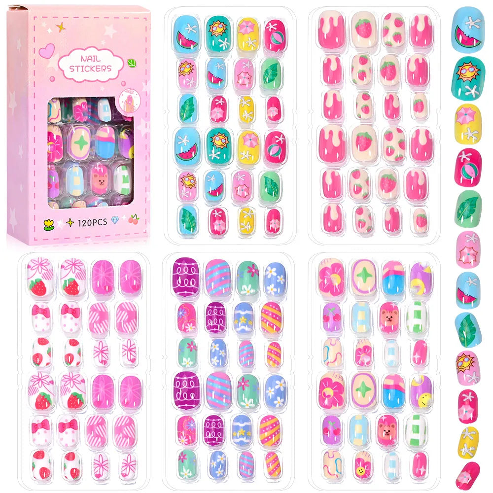 120-Piece Cartoon Princess Press-On Nails for Girls – Kawaii Cat, Flower & Rainbow Nail Tips with Jelly Gel (Ages 6–14)