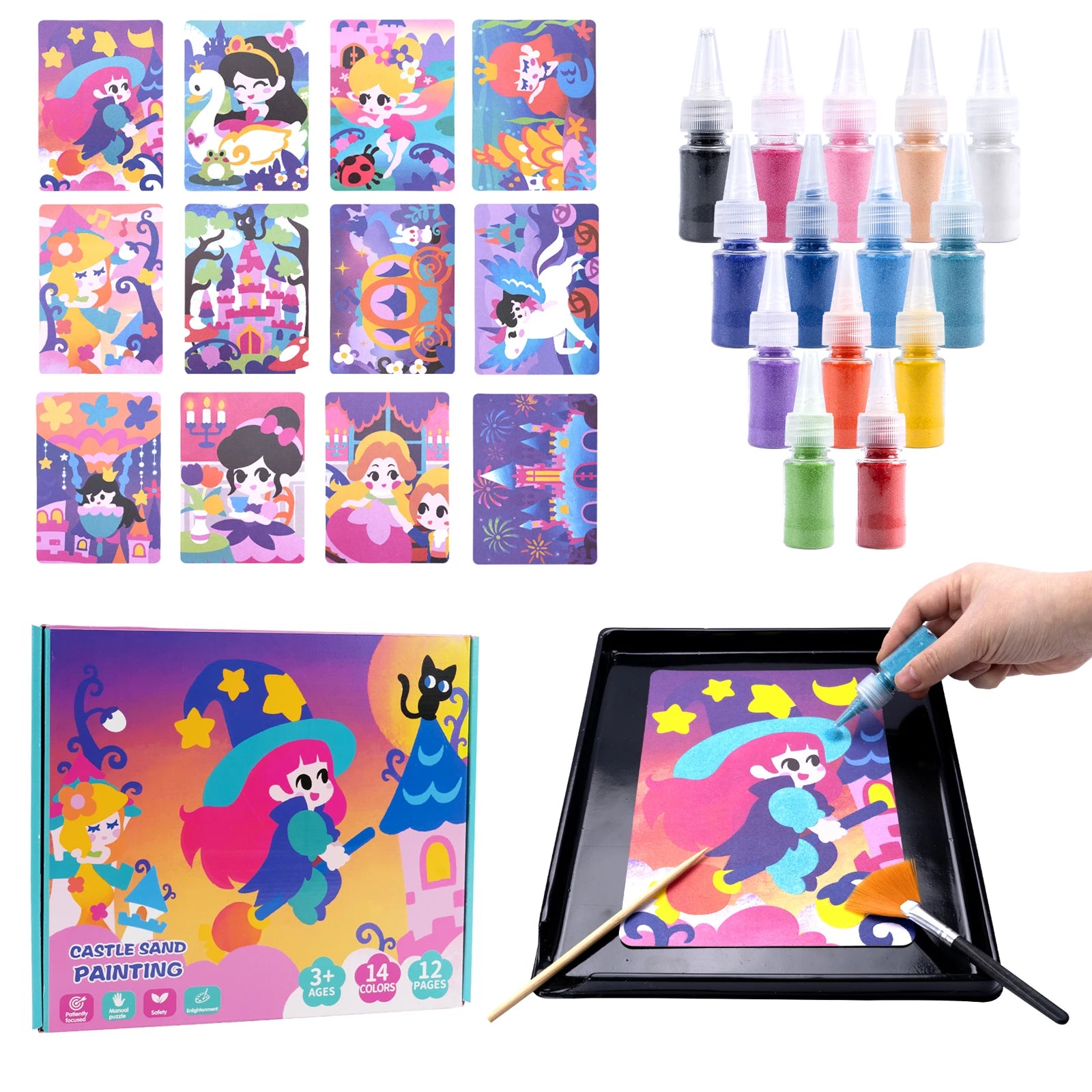 Sand Art Kit for Kids – 12 Princess Sand Painting Cards with 14 Colors – DIY Montessori Crafts, Educational Toys & Creative Gifts for Girls and Boys Ages 4–10