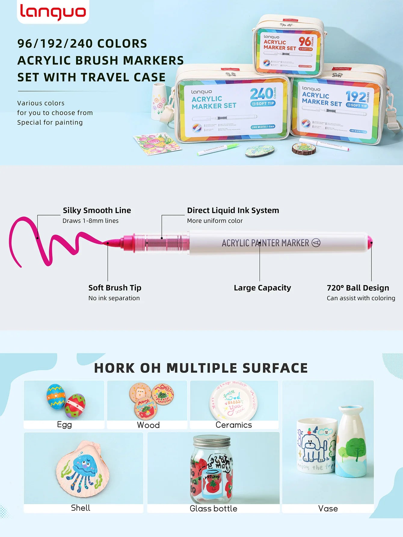 Languo 9-Piece Soft Brush Acrylic Marker Pen Set – DIY Art Markers for Hand Drawing, Painting, and Graffiti (M720)