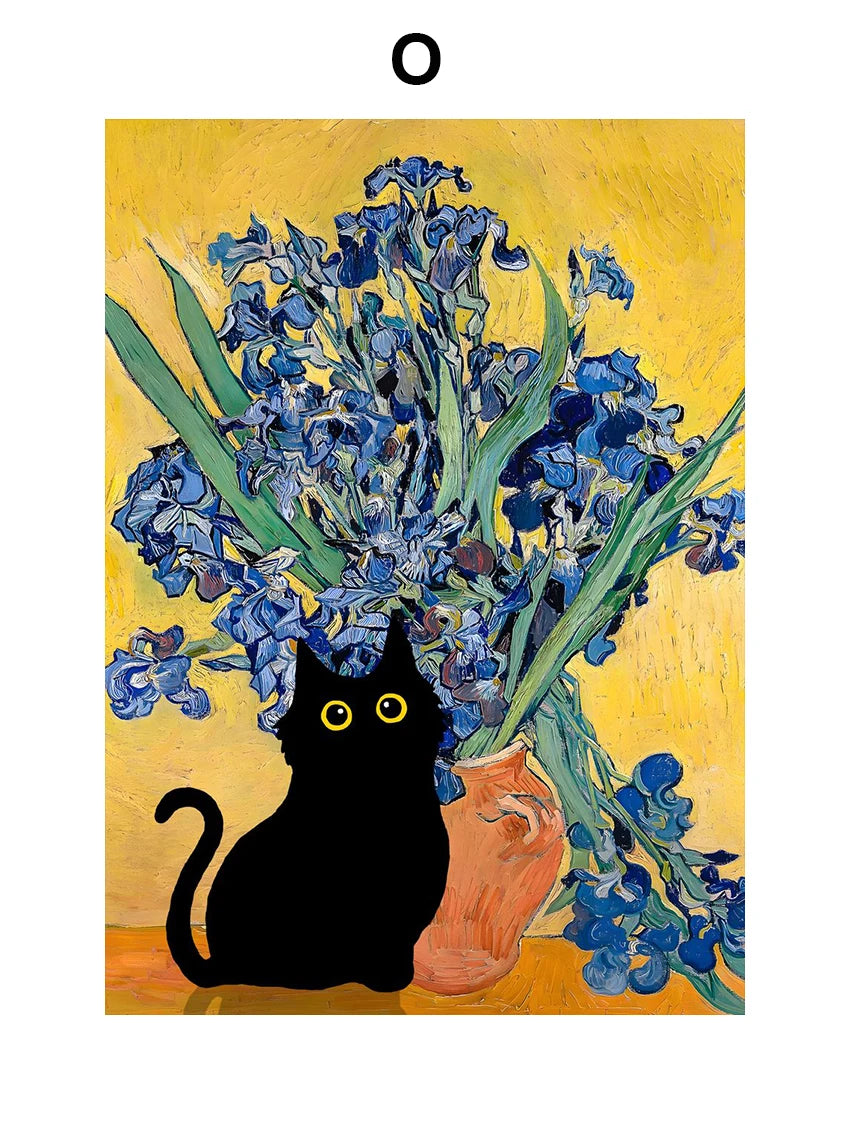 Funny Black Cat Art Prints – Matisse, Monet, Van Gogh Parody Canvas Posters – Whimsical Wall Decor for Living Room or Gallery Wall