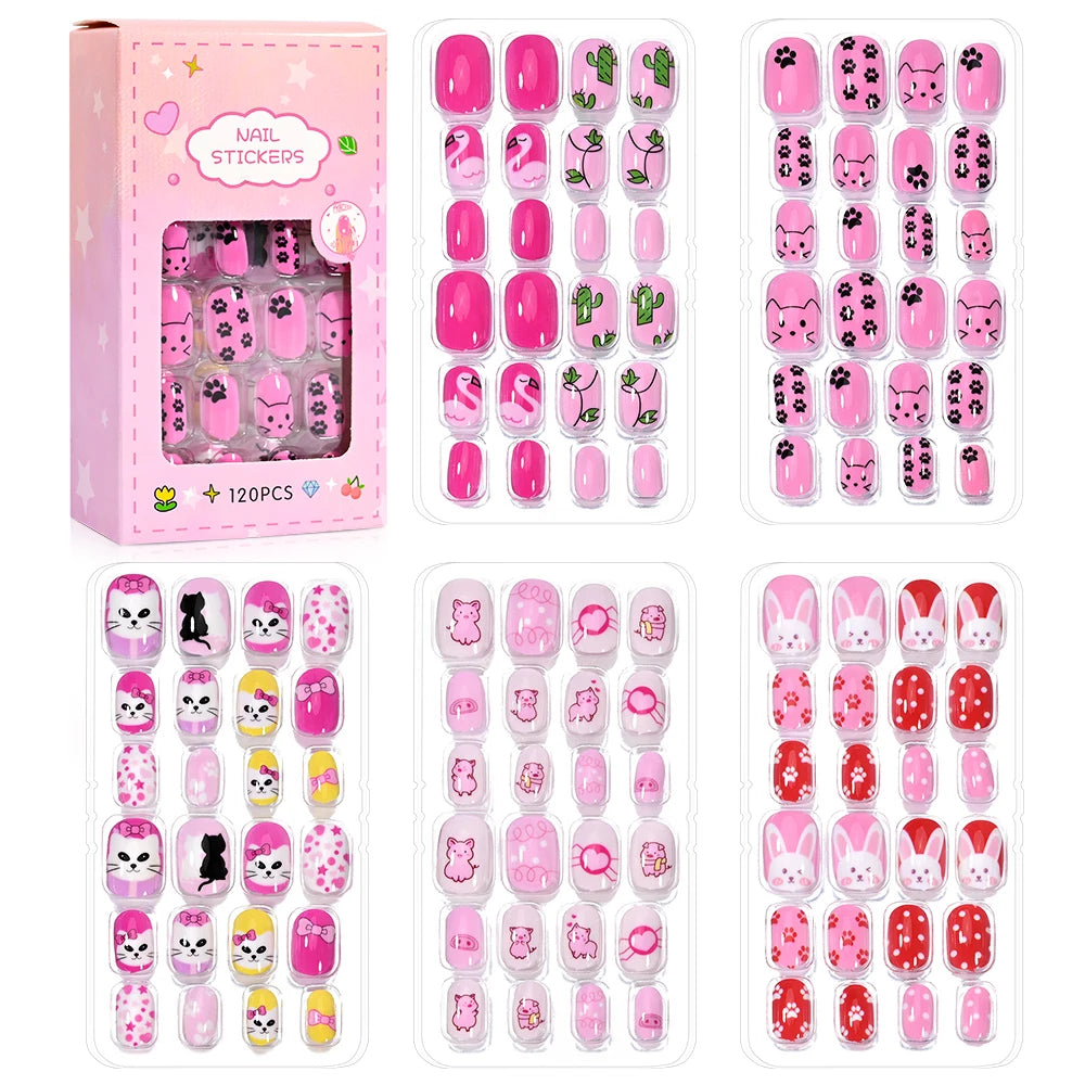 120-Piece Cartoon Princess Press-On Nails for Girls – Kawaii Cat, Flower & Rainbow Nail Tips with Jelly Gel (Ages 6–14)