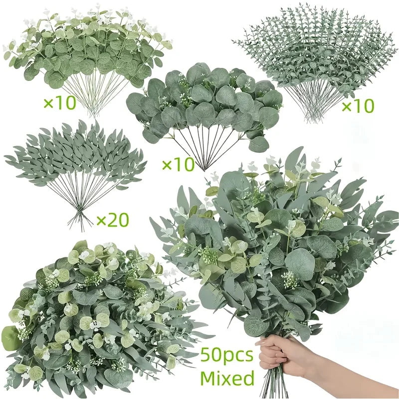 50pcs Artificial Flower Bouquets with Eucalyptus Leaves