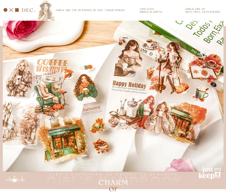 JIANQI 20 Sheets PET Die-Cut Stickers Set – Scrapbooking & Diary Craft Supplies