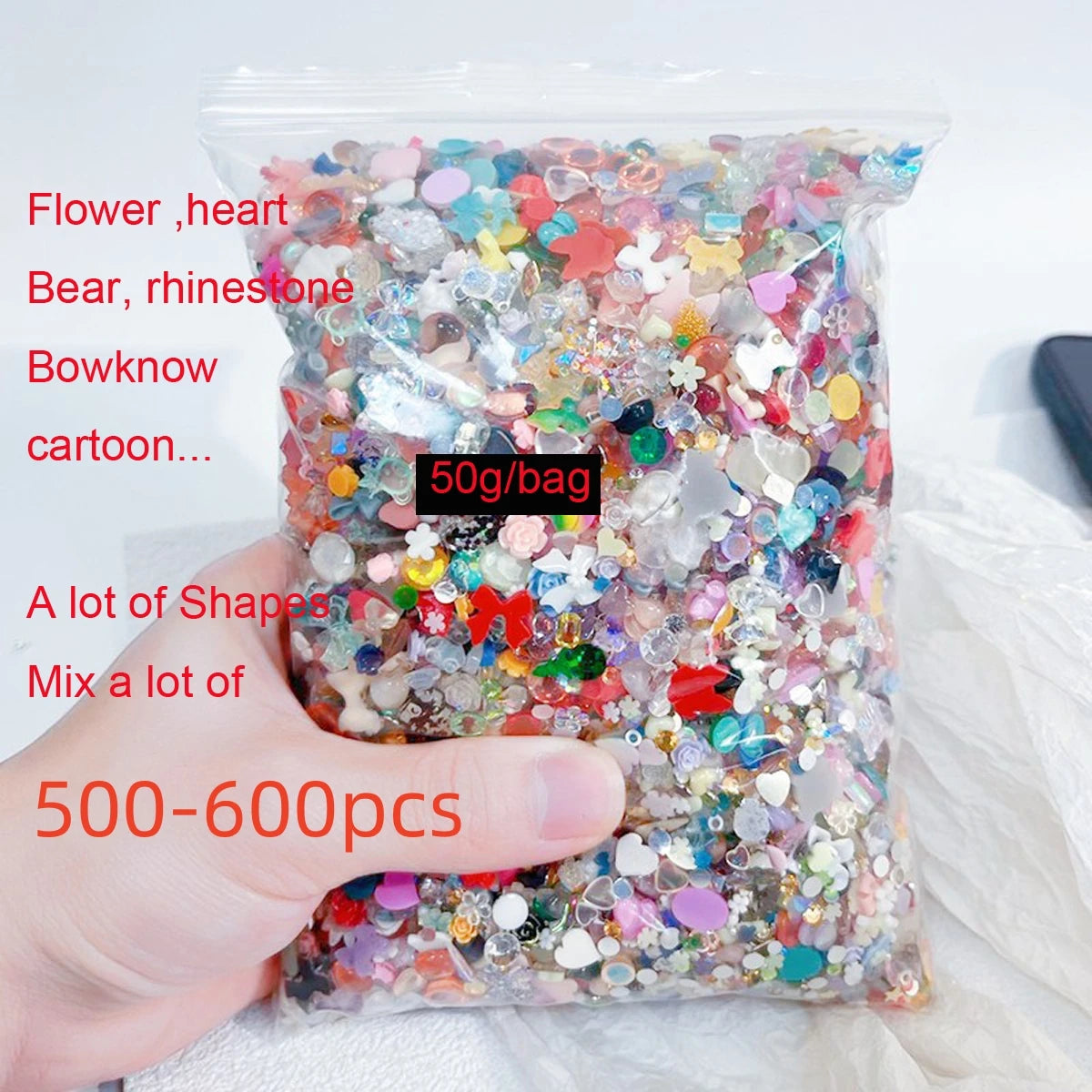 500–600pcs Mixed Resin Nail Art Charms – Y2K Flower, Heart, and Bear Decorations for DIY Manicure Accessories
