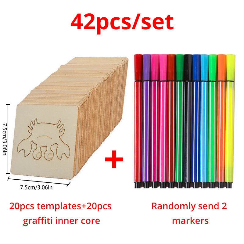 42pcs Wooden DIY Drawing Template Set with Markers – Children’s Drawing Tools & Stencils for Kids Arts and Crafts