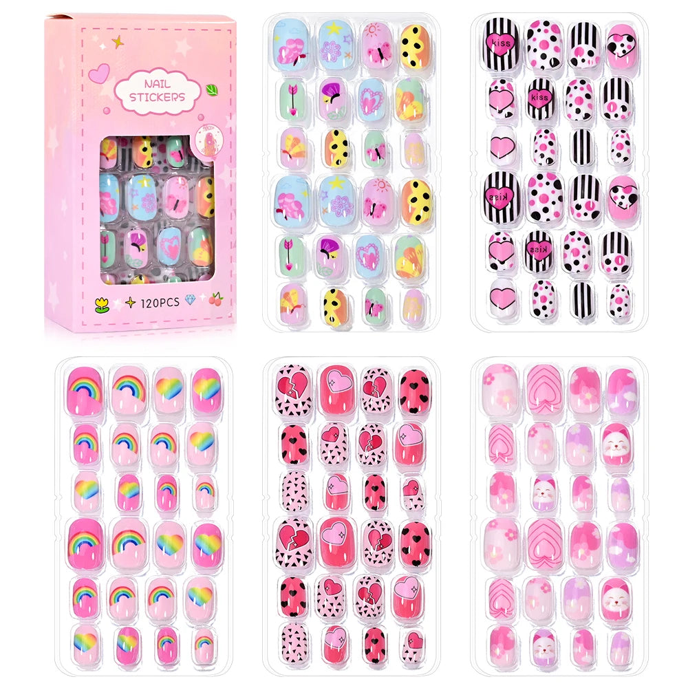 120-Piece Cartoon Princess Press-On Nails for Girls – Kawaii Cat, Flower & Rainbow Nail Tips with Jelly Gel (Ages 6–14)