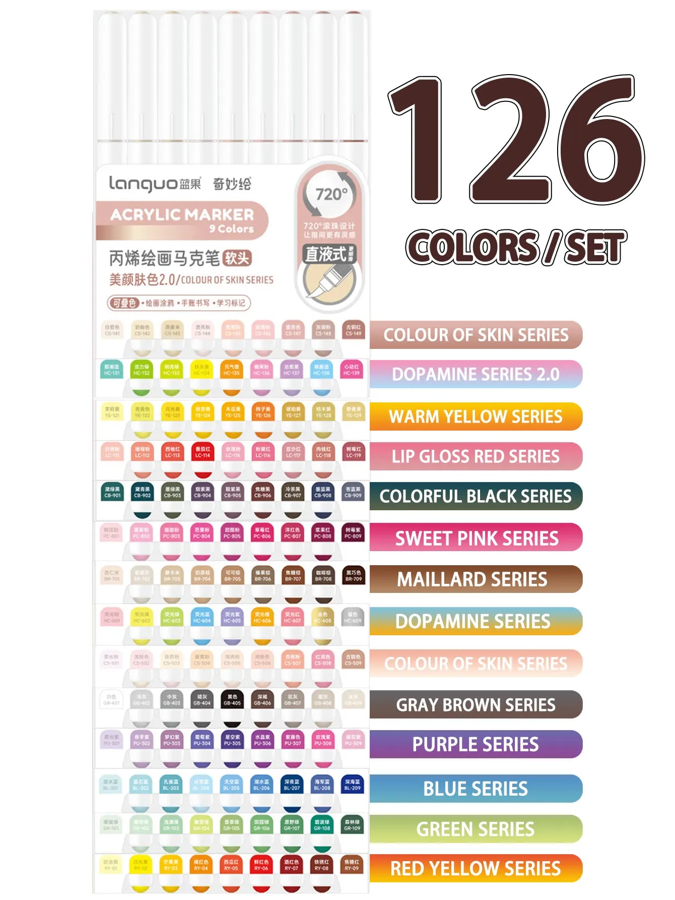 Languo 9-Piece Soft Brush Acrylic Marker Pen Set – DIY Art Markers for Hand Drawing, Painting, and Graffiti (M720)