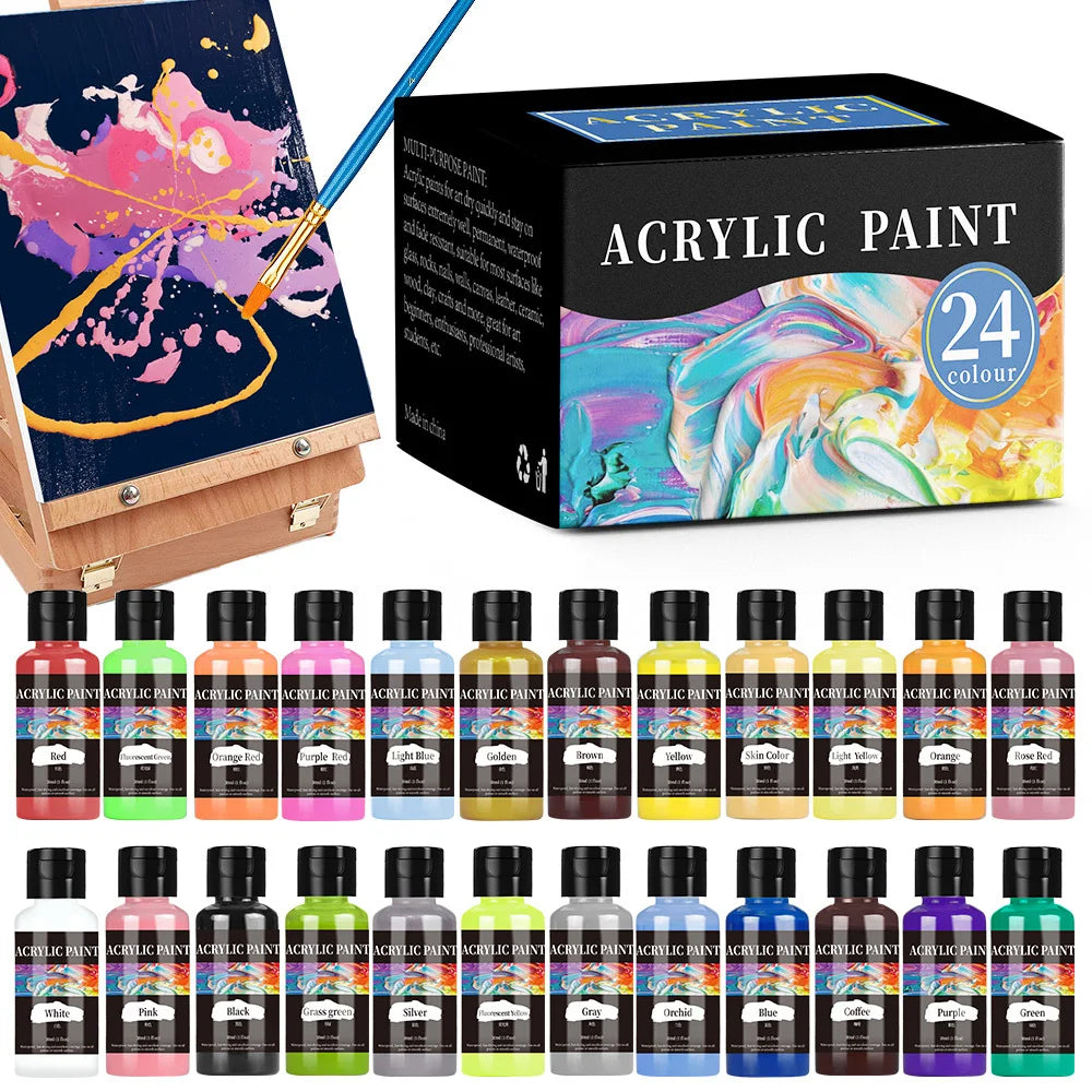 24-Color Acrylic Paint Set – 30ml Bottles for Fabric, Leather, Clothing, and DIY Craft Painting