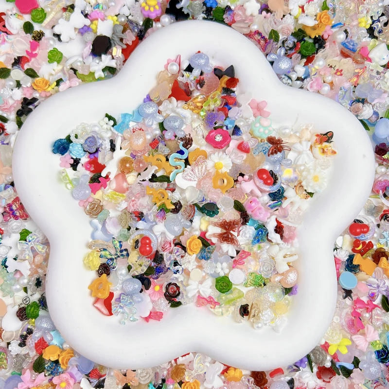 60PCS Mixed Resin Nail Art Charms – Camellia, Rose, Star, Bow, Bear Decorations