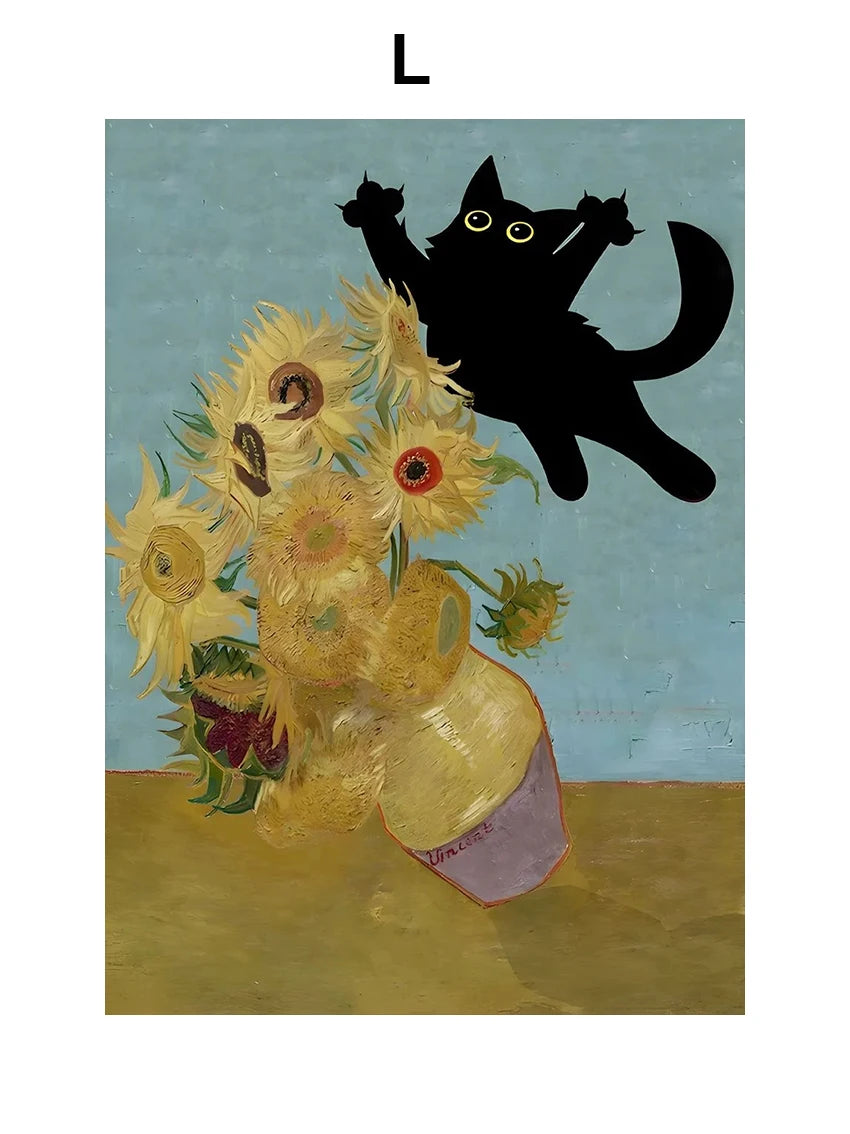 Funny Black Cat Art Prints – Matisse, Monet, Van Gogh Parody Canvas Posters – Whimsical Wall Decor for Living Room or Gallery Wall