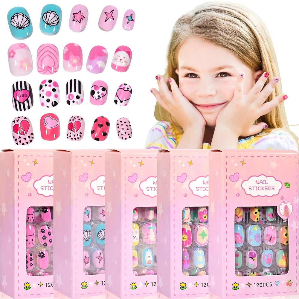 120-Piece Cartoon Princess Press-On Nails for Girls – Kawaii Cat, Flower & Rainbow Nail Tips with Jelly Gel (Ages 6–14)