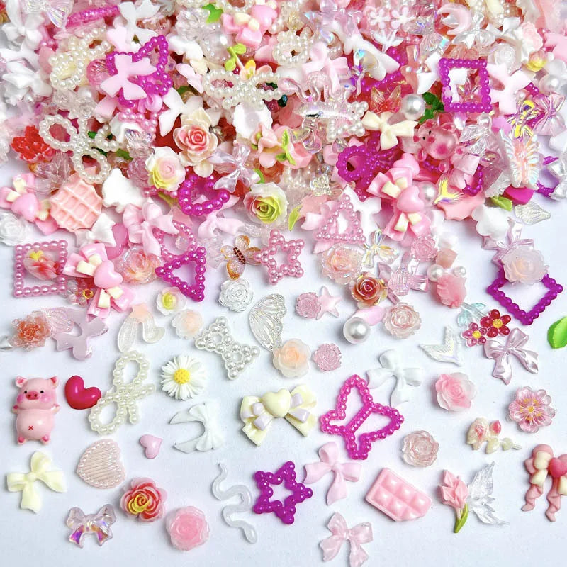 50-Piece Mixed Resin Nail Charms – Bow, Heart, Flower, Star, Cookie & Fruit Decorations for DIY Nail Art