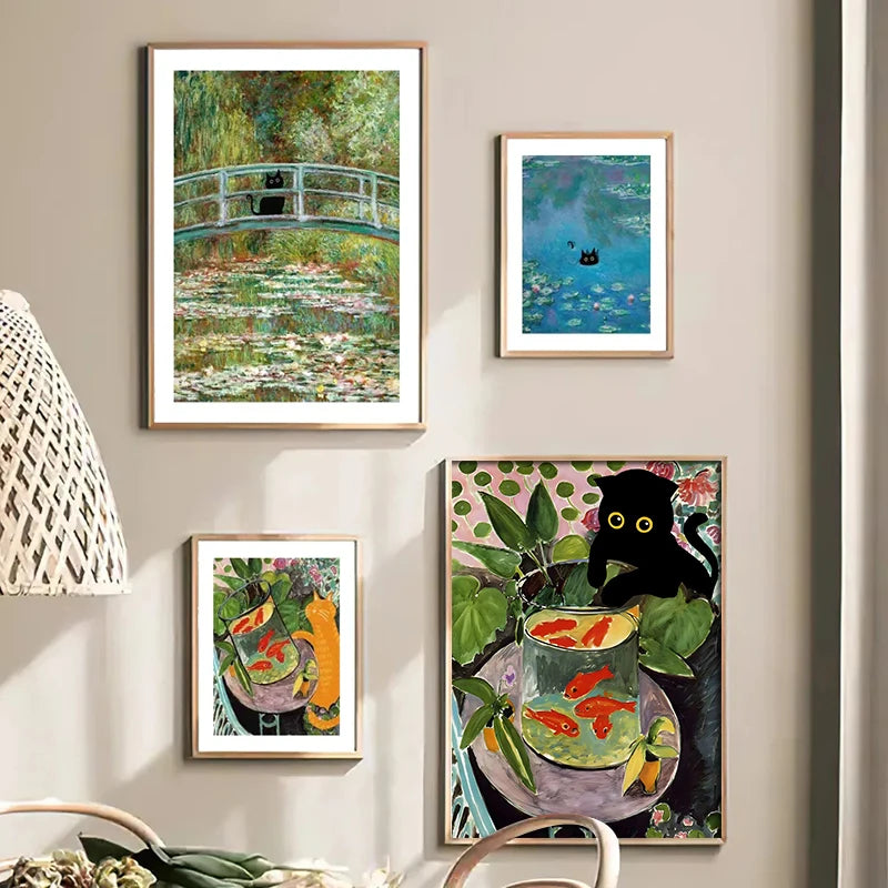 Funny Black Cat Art Prints – Matisse, Monet, Van Gogh Parody Canvas Posters – Whimsical Wall Decor for Living Room or Gallery Wall