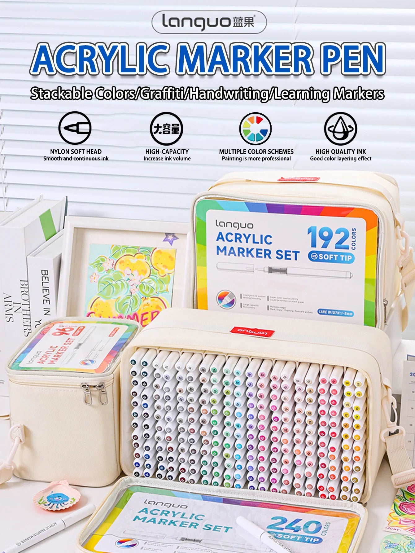 Languo 9-Piece Soft Brush Acrylic Marker Pen Set – DIY Art Markers for Hand Drawing, Painting, and Graffiti (M720)