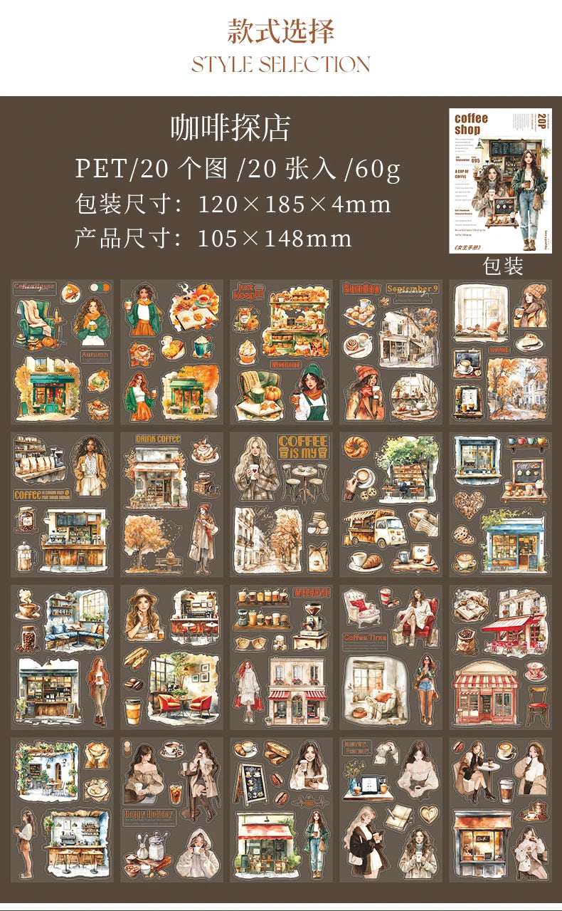 JIANQI 20 Sheets PET Die-Cut Stickers Set – Scrapbooking & Diary Craft Supplies