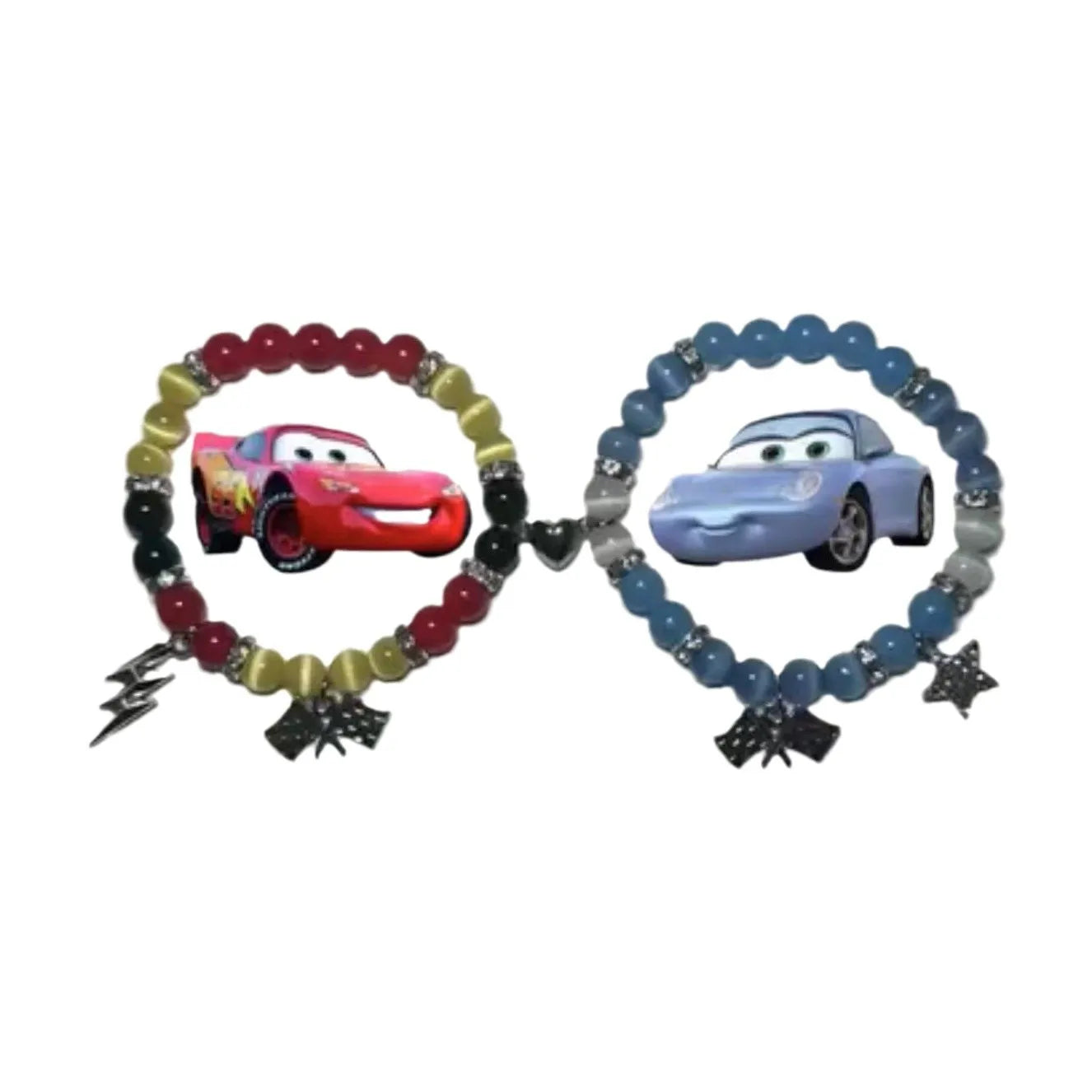 2-Piece Fast & Furious Matching Bracelets – Couple Beaded Bracelets with Bat and Race Car Victory Banner Charms