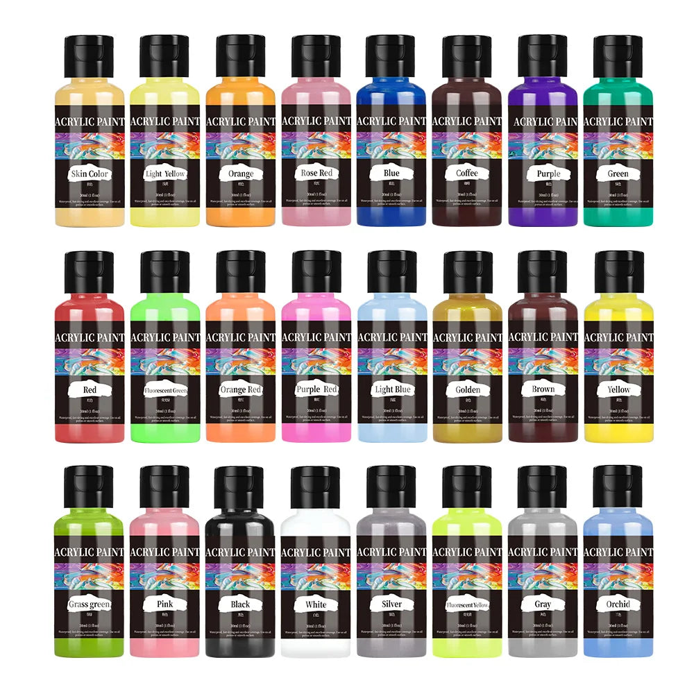 24-Color Acrylic Paint Set – 30ml Bottles for Fabric, Leather, Clothing, and DIY Craft Painting