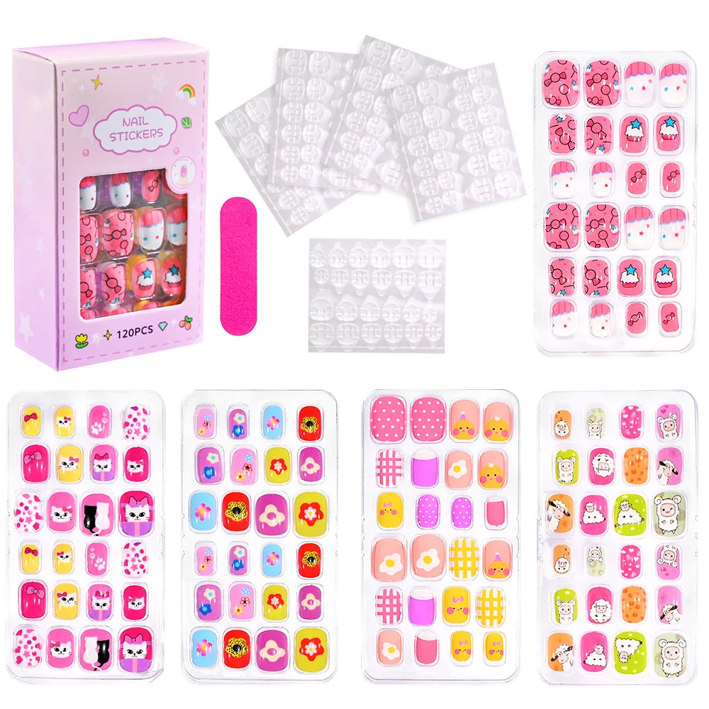 120-Piece Cartoon Princess Press-On Nails for Girls – Kawaii Cat, Flower & Rainbow Nail Tips with Jelly Gel (Ages 6–14)