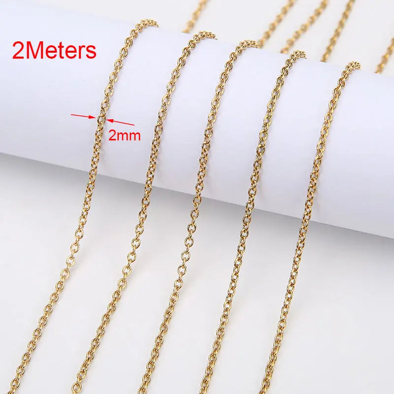 2m Stainless Steel Chains – Gold Color Ball Bead & Cuban Link Chain Bulk for DIY Necklace and Bracelet Making