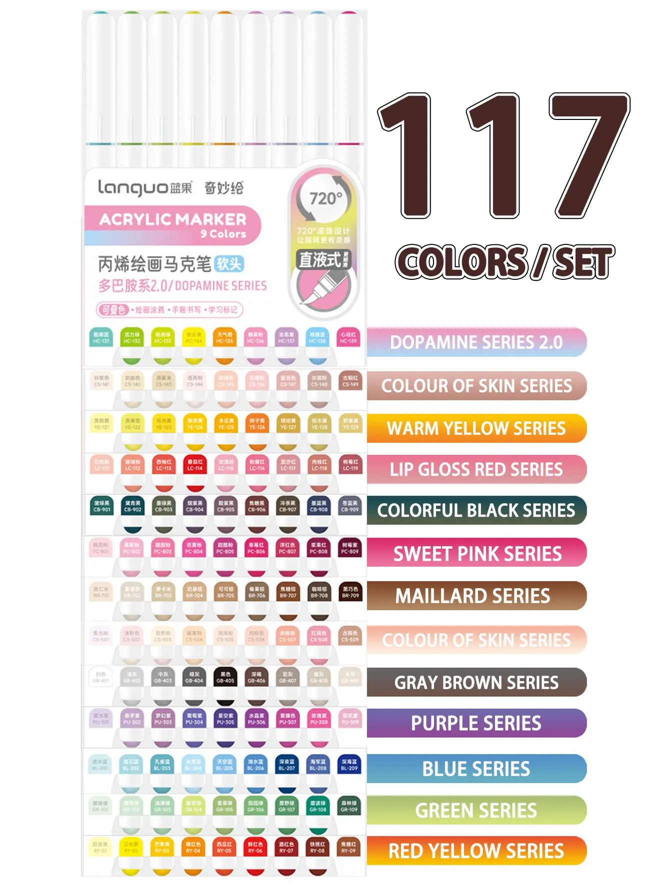 Languo 9-Piece Soft Brush Acrylic Marker Pen Set – DIY Art Markers for Hand Drawing, Painting, and Graffiti (M720)