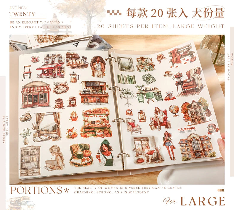 JIANQI 20 Sheets PET Die-Cut Stickers Set – Scrapbooking & Diary Craft Supplies