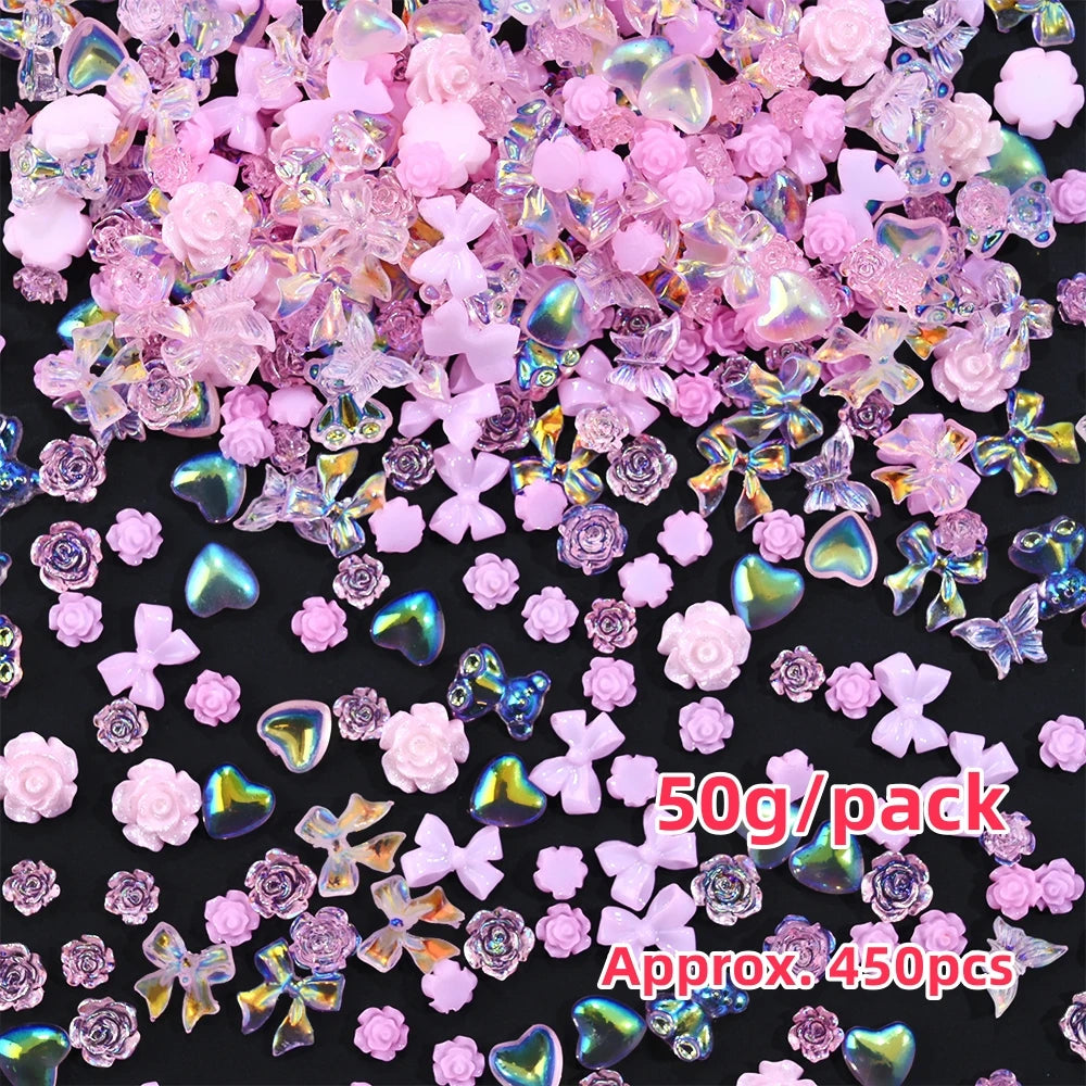500–600pcs Mixed Resin Nail Art Charms – Y2K Flower, Heart, and Bear Decorations for DIY Manicure Accessories