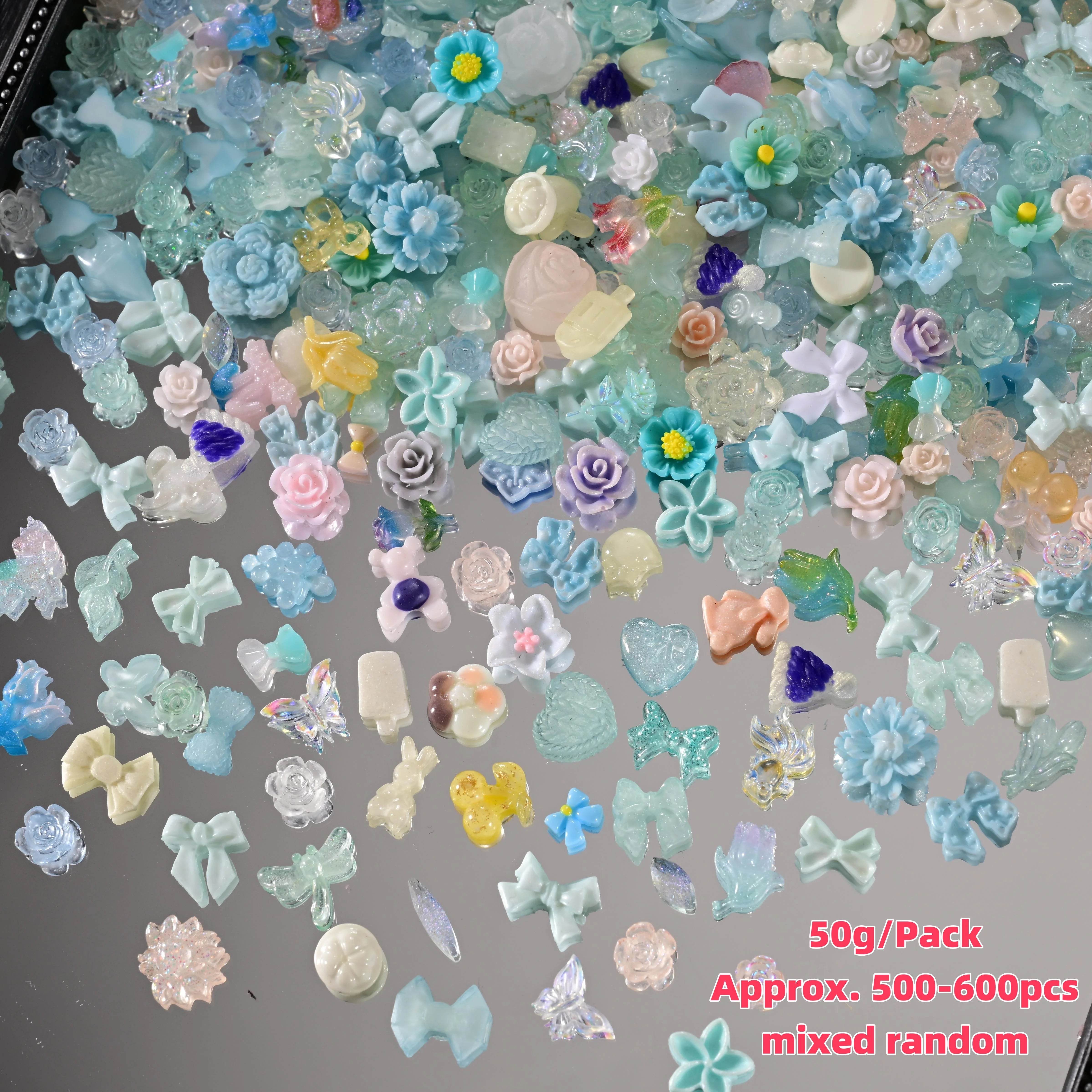 500–600pcs Mixed Resin Nail Art Charms – Y2K Flower, Heart, and Bear Decorations for DIY Manicure Accessories