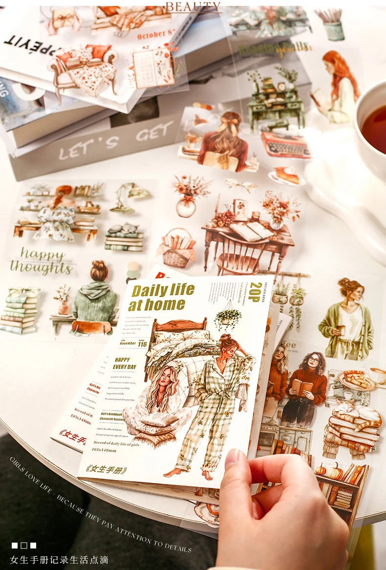 JIANQI 20 Sheets PET Die-Cut Stickers Set – Scrapbooking & Diary Craft Supplies