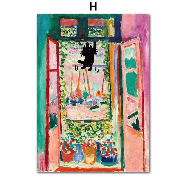 Funny Black Cat Art Prints – Matisse, Monet, Van Gogh Parody Canvas Posters – Whimsical Wall Decor for Living Room or Gallery Wall