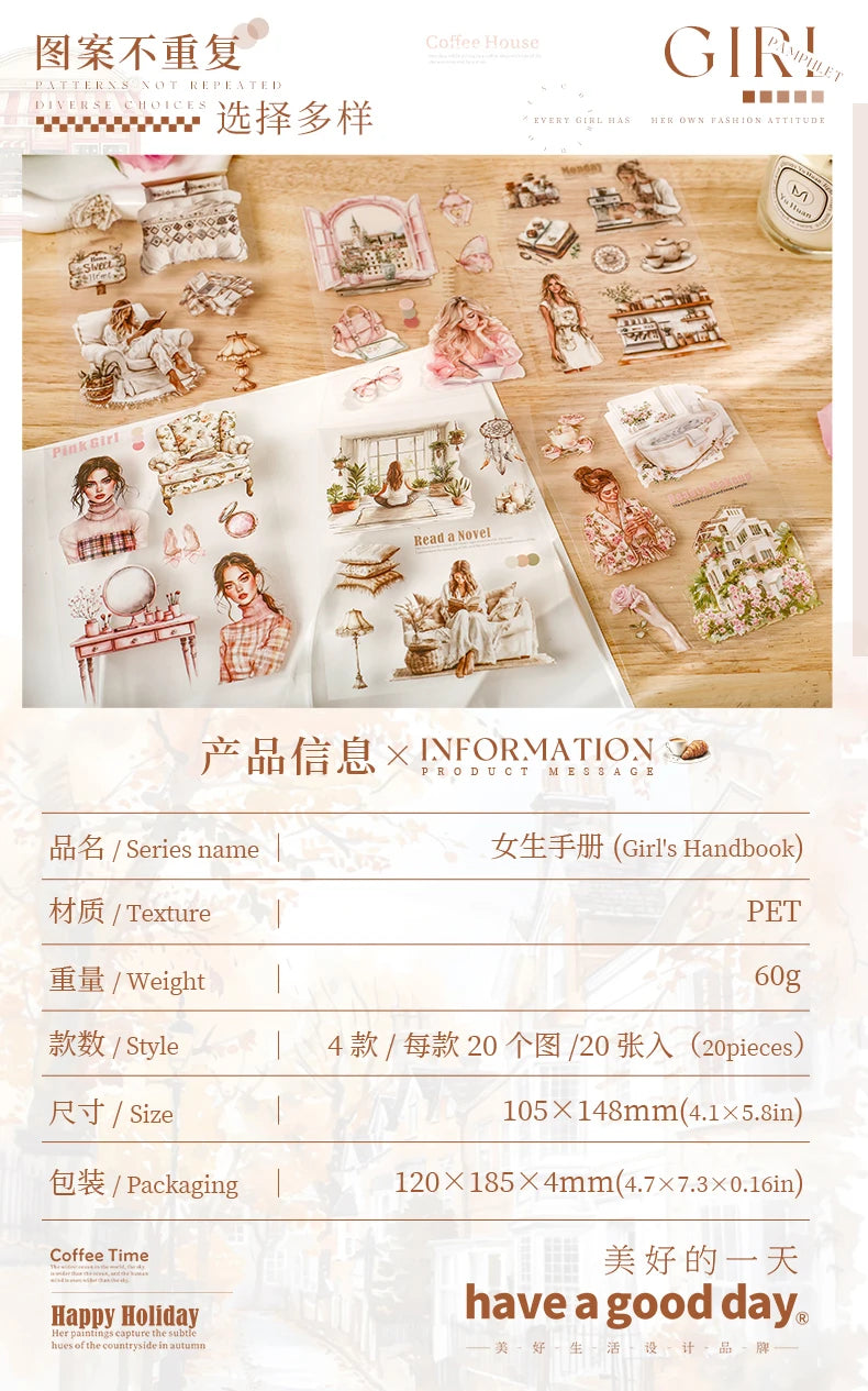 JIANQI 20 Sheets PET Die-Cut Stickers Set – Scrapbooking & Diary Craft Supplies