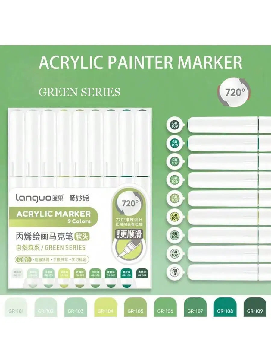 Languo 9-Piece Soft Brush Acrylic Marker Pen Set – DIY Art Markers for Hand Drawing, Painting, and Graffiti (M720)