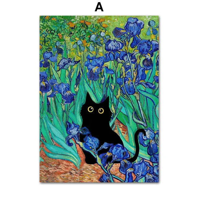 Funny Black Cat Art Prints – Matisse, Monet, Van Gogh Parody Canvas Posters – Whimsical Wall Decor for Living Room or Gallery Wall