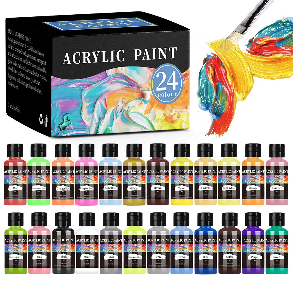 24-Color Acrylic Paint Set – 30ml Bottles for Fabric, Leather, Clothing, and DIY Craft Painting