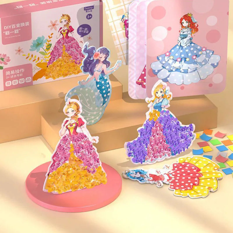 3pcs Princess Poking Art Craft Kit – DIY Sticker Fabric Cards for Kids – Creative Puzzle Painting and Dressing Game Toy