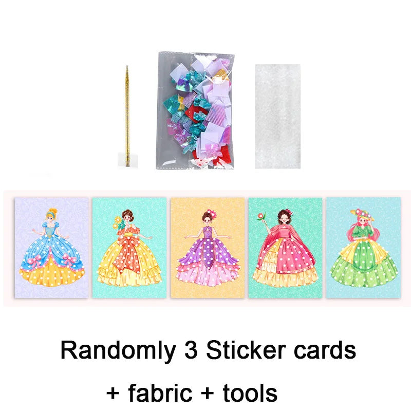 3pcs Princess Poking Art Craft Kit – DIY Sticker Fabric Cards for Kids – Creative Puzzle Painting and Dressing Game Toy