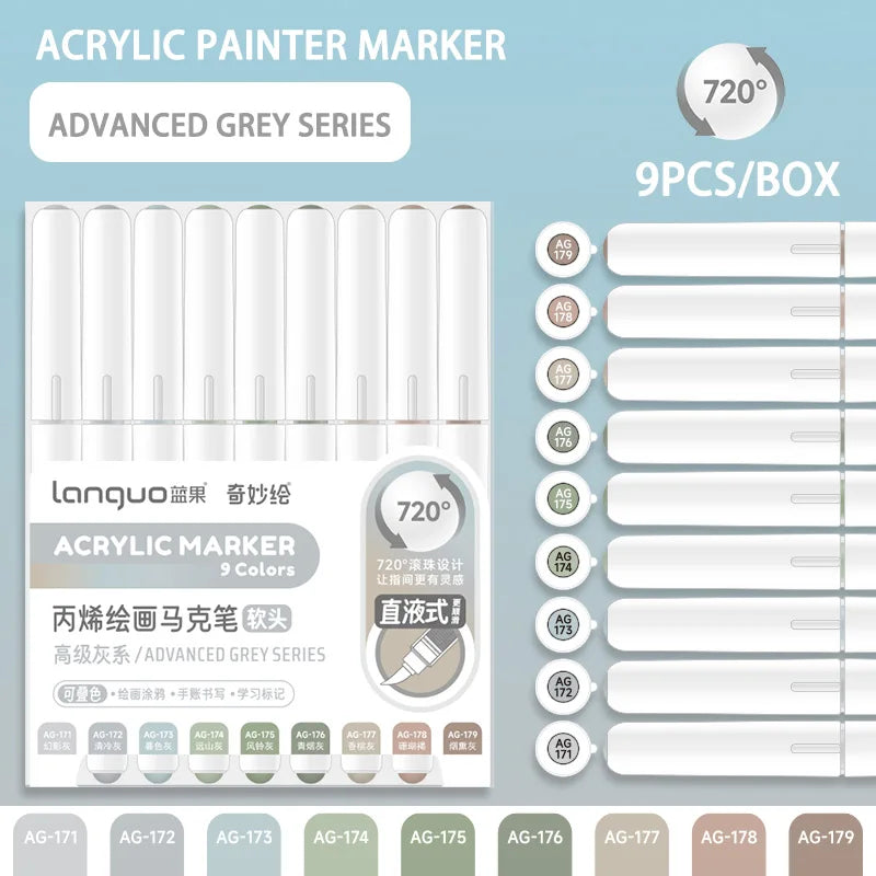 Languo 9-Piece Soft Brush Acrylic Marker Pen Set – DIY Art Markers for Hand Drawing, Painting, and Graffiti (M720)