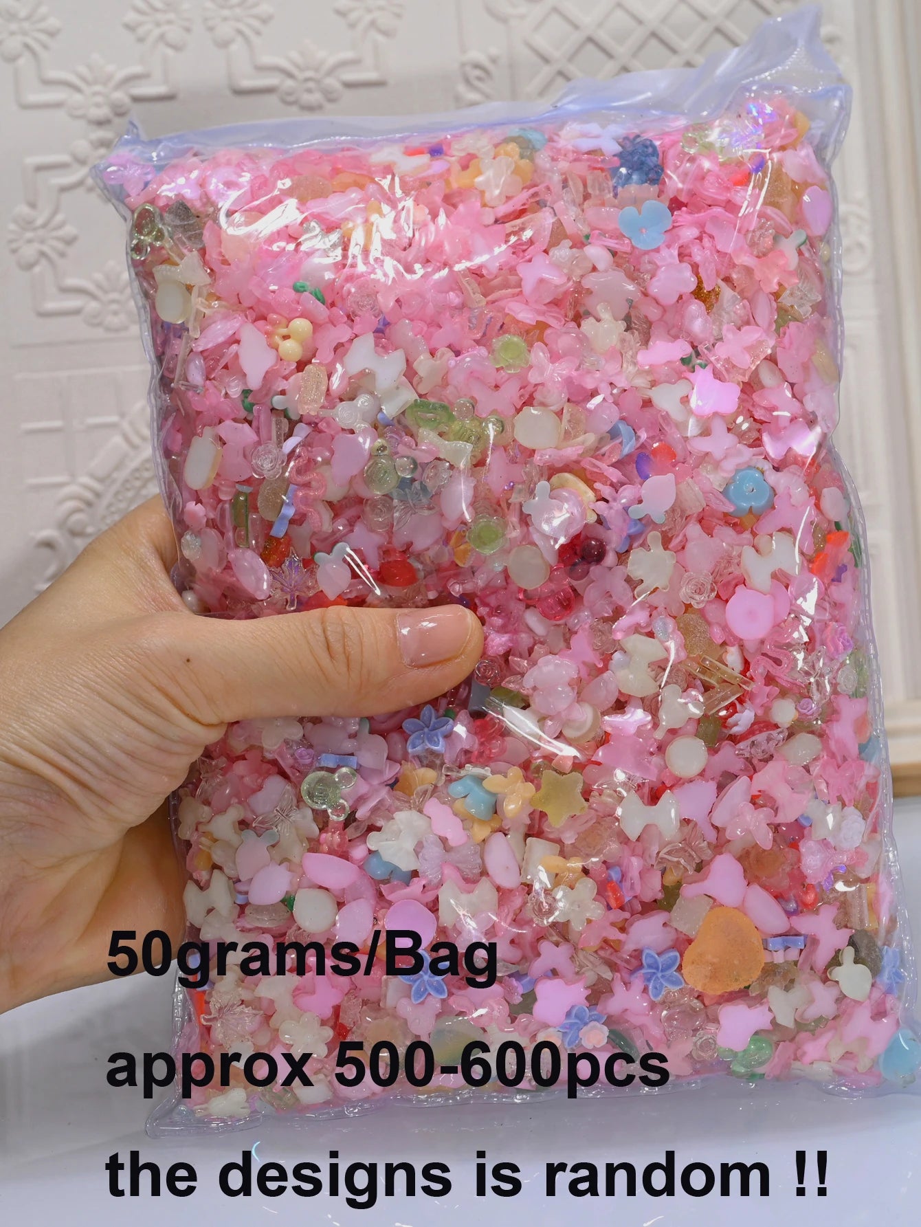 50g Blue Mixed Nail Art Charms – 500–600pcs Resin Bow, Flower & Camellia Decorations for DIY Manicure Accessories