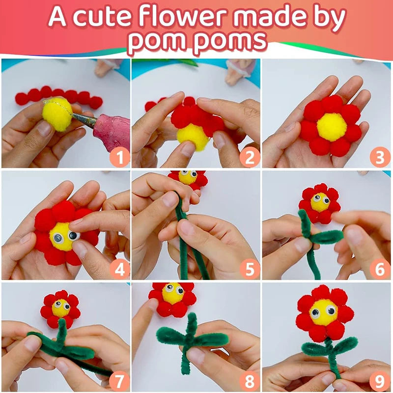 300pcs Kids Art & Craft Supplies Set – Pipe Cleaners, Pompoms & Self-Adhesive Wiggle Eyes – DIY Activities, Classroom Projects & Party Crafts