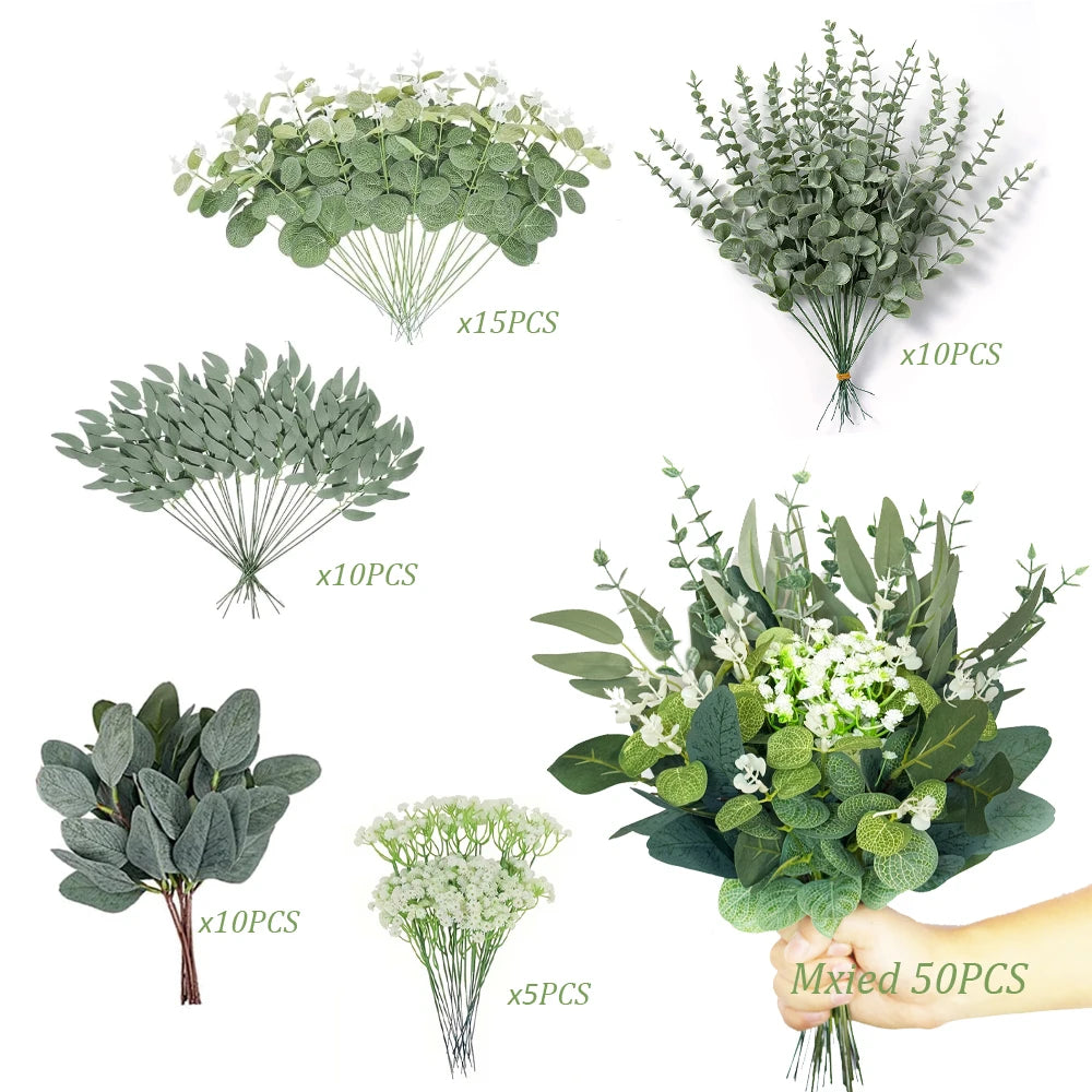 50pcs Artificial Flower Bouquets with Eucalyptus Leaves