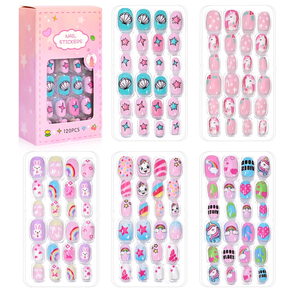 120-Piece Cartoon Princess Press-On Nails for Girls – Kawaii Cat, Flower & Rainbow Nail Tips with Jelly Gel (Ages 6–14)