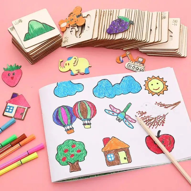 42pcs Wooden DIY Drawing Template Set with Markers – Children’s Drawing Tools & Stencils for Kids Arts and Crafts