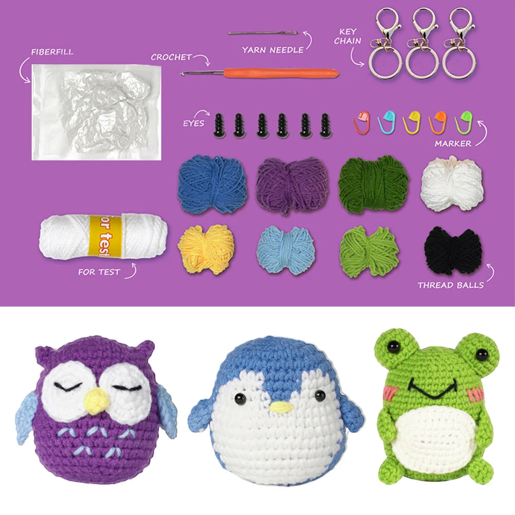 3PCS Beginner Crochet Kit – Frog, Owl, Penguin DIY Animal Set with Tutorials