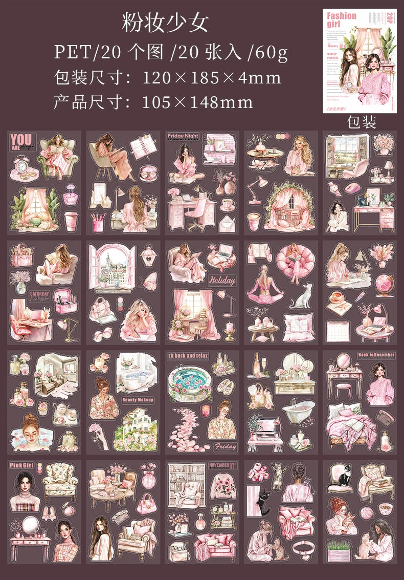 JIANQI 20 Sheets PET Die-Cut Stickers Set – Scrapbooking & Diary Craft Supplies