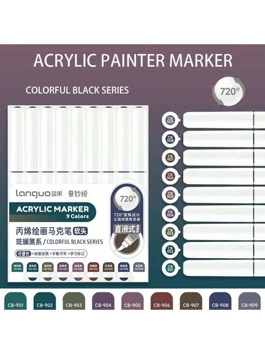 Languo 9-Piece Soft Brush Acrylic Marker Pen Set – DIY Art Markers for Hand Drawing, Painting, and Graffiti (M720)