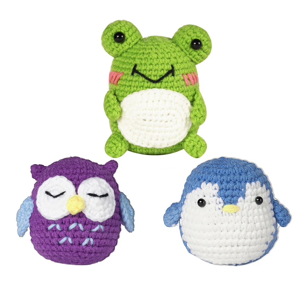 3PCS Beginner Crochet Kit – Frog, Owl, Penguin DIY Animal Set with Tutorials